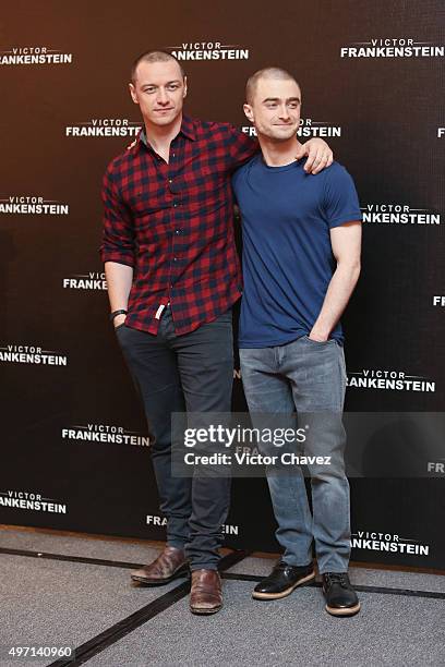 Actors James McAvoy and Daniel Radcliffe attend a photo call and press conference to promote the new film "Victor Frankenstein" at Four Seasons hotel...
