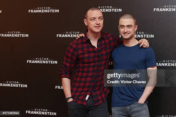 Actors James McAvoy and Daniel Radcliffe attend a photo call and press conference to promote the new film "Victor Frankenstein" at Four Seasons hotel...