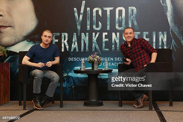 Actors Daniel Radcliffe and James McAvoy attend a photo call and press conference to promote their new film "Victor Frankenstein" at Four Seasons...