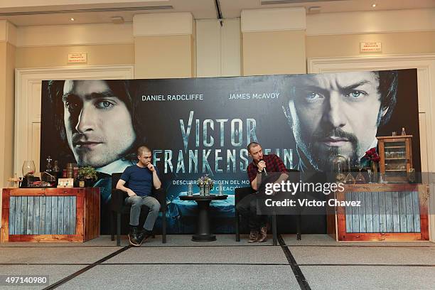 Actors Daniel Radcliffe and James McAvoy attend a photo call and press conference to promote their new film "Victor Frankenstein" at Four Seasons...