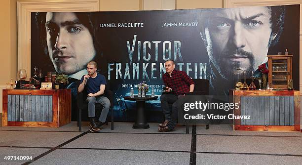 Actors Daniel Radcliffe and James McAvoy attend a photo call and press conference to promote their new film "Victor Frankenstein" at Four Seasons...