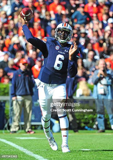 Jeremy Johnson of the Auburn Tigers passes against the Georgia Bulldogs on November 14, 2015 at Jordan Hare Stadium in Auburn, Alabama. Photo by...