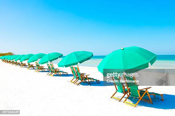 lounge chairs and umbrella at the beach - miami beach stock pictures, royalty-free photos & images