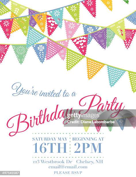 ilustraciones, imágenes clip art, dibujos animados e iconos de stock de banderas de papel de vector de plantilla de la invitación de cumpleaños picado - happy birthday banner