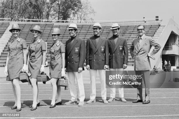 Group of models wearing uniforms, designed by Hardy Amies, to be worn by British athletes in the parade at the 1968 Olympic Games in Mexico City,...