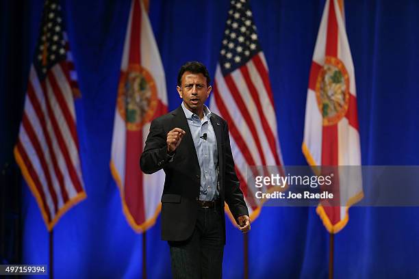 Republican presidential candidate Louisiana Governor Bobby Jindal speaks during the Sunshine Summit conference being held at the Rosen Shingle Creek...