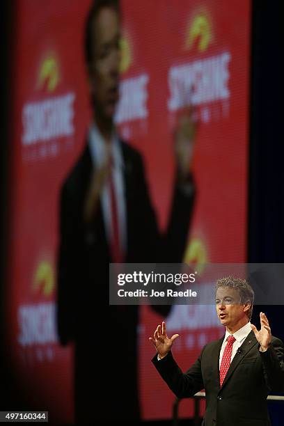 Republican presidential candidate Sen. Rand Paul speaks during the Sunshine Summit conference being held at the Rosen Shingle Creek on November 14,...