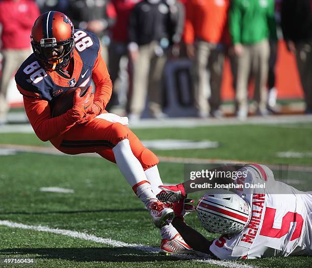 Desmond Cain of the Illinois Fighting Illini is shoe tackled by Raekwon McMillan of the Ohio State Buckeyes at Memorial Stadium on November 14, 2015...