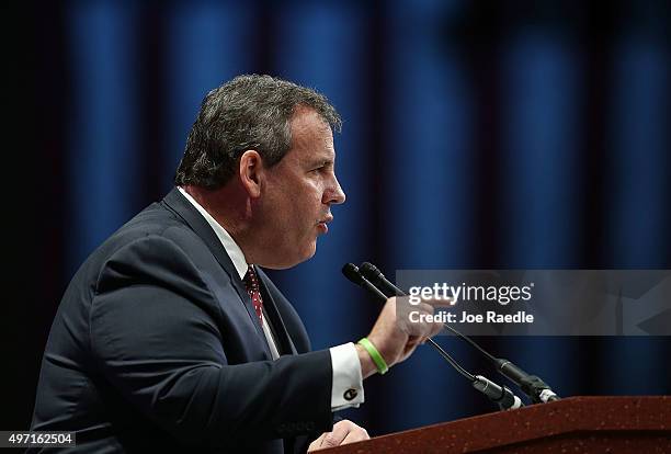 Republican presidential candidate New Jersey Governor Chris Christie speaks during the Sunshine Summit conference being held at the Rosen Shingle...