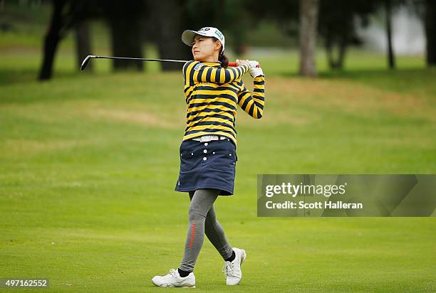 Sakura Yokomine of Japan hits her second shot on the fourth hole during the third round of the Lorena Ochoa Invitational Presented By Banamex at the...