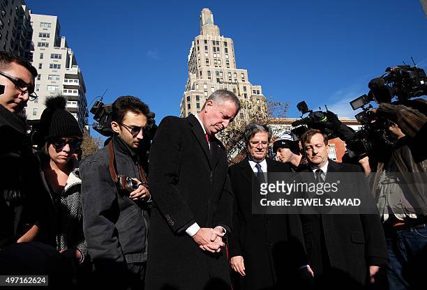 New York City Mayor Bill de Blasio , is joined by French representative to the United Nations Francois Delattre and consul general of France in New...