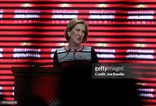 Republican presidential candidate Carly Fiorina speaks during the Sunshine Summit conference being held at the Rosen Shingle Creek on November 14,...