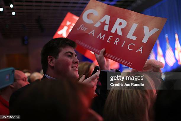 People wait to meet Republican presidential candidate Carly Fiorina as she greets people during the Sunshine Summit conference being held at the...