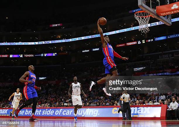 Stanley Johnson of the Detroit Pistons goes up for the slam dunk in the first half against the Los Angeles Clippers during the NBA game at Staples...