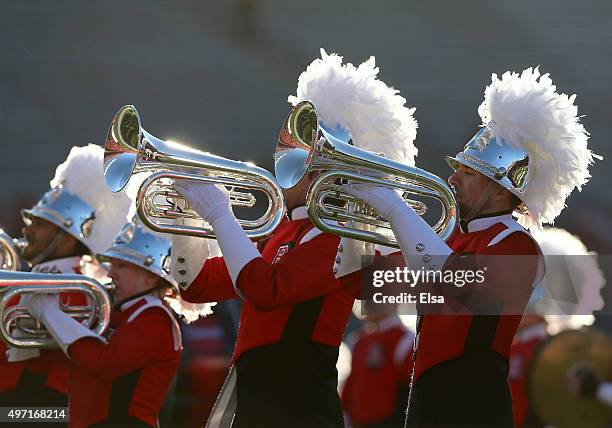 The Rutgers Scarlet Knights marching band takes the field before the game between the Rutgers Scarlet Knights and the Nebraska Cornhuskers on...