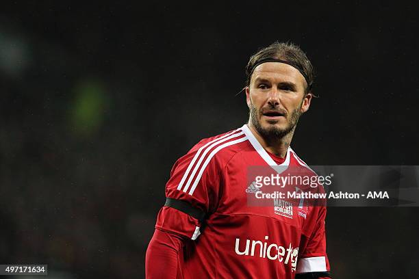 David Beckham of Great Britain and Ireland XI during the David Beckham Match for Children in aid of UNICEF at Old Trafford on November 14, 2015 in...