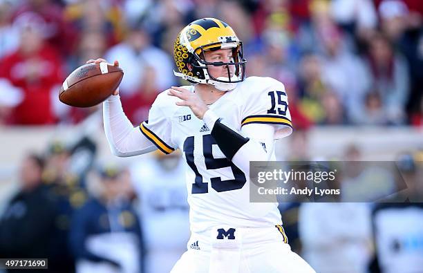 Jake Rudock of the Michigan Wolverines throws the ball against the Indiana Hoosiers at Memorial Stadium on November 14, 2015 in Bloomington, Indiana.