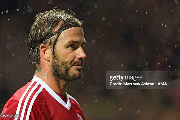 David Beckham of Great Britain and Ireland XI during the David Beckham Match for Children in aid of UNICEF at Old Trafford on November 14, 2015 in...