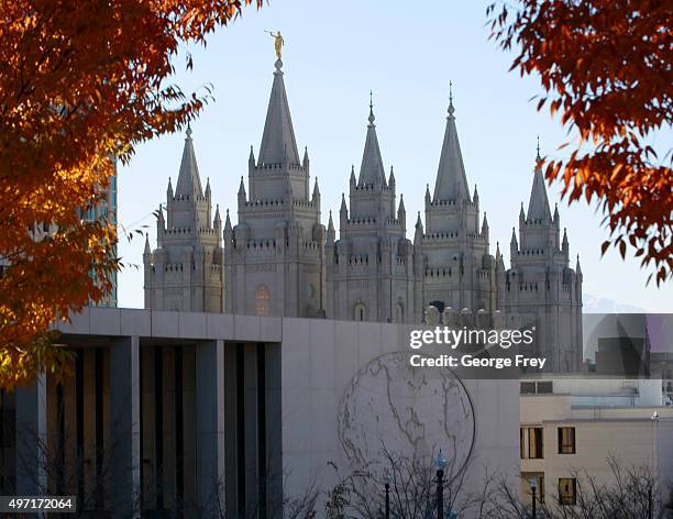 The Mormon Churches historic Salt Lake temple and the world headquarters of the church is seen from City Creek Park, where a mass resignation from...