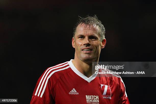 Jamie Carragher of Great Britain and Ireland XI during the David Beckham Match for Children in aid of UNICEF at Old Trafford on November 14, 2015 in...