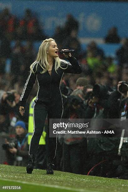 Singer Rita Ora entertains the crowd at half time during the David Beckham Match for Children in aid of UNICEF at Old Trafford on November 14, 2015...