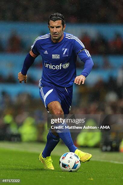 Luis Figo of Rest of the World XI during the David Beckham Match for Children in aid of UNICEF at Old Trafford on November 14, 2015 in Manchester,...