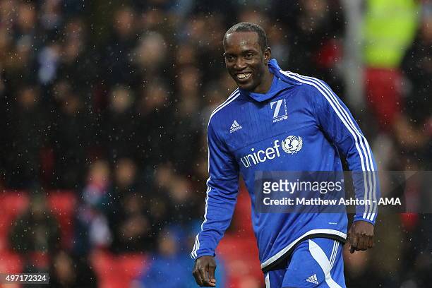 Dwight Yorke of Rest of the World XI during the David Beckham Match for Children in aid of UNICEF at Old Trafford on November 14, 2015 in Manchester,...