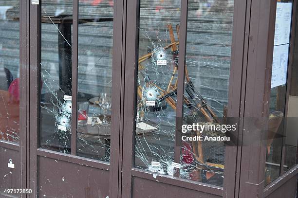 Bullet holes are seen at "La Belle Equipe" restaurant in 11th district of Paris, France on November 14, 2015 following the terror attacks. At least...