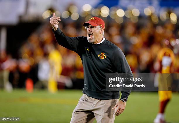 Head coach Paul Rhoads of the Iowa State Cyclones coaches from the sidelines in the second half of play at Jack Trice Stadium on November 14, 2015 in...