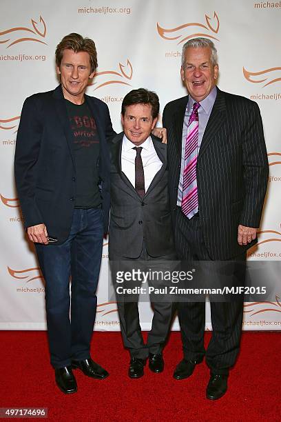Denis Leary, Michael J. Fox and Lenny Clarke attend the Michael J. Fox Foundation A Funny Thing Happened On The Way To Cure Parkinsons Gala at The...