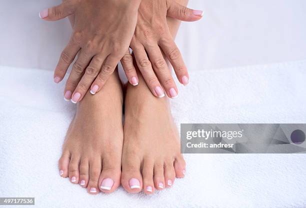 beautiful manicure and pedicure - manicure stockfoto's en -beelden