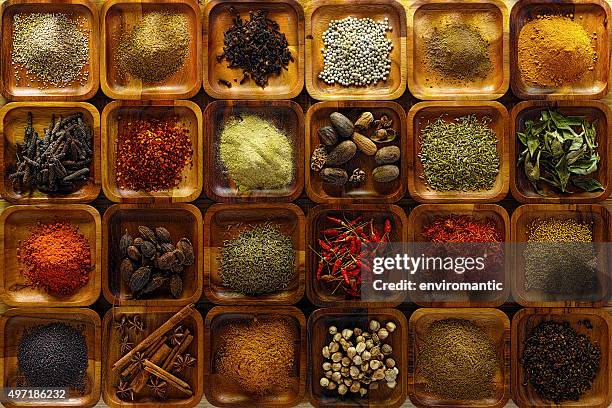 indian spices in wooden trays. - masala stockfoto's en -beelden
