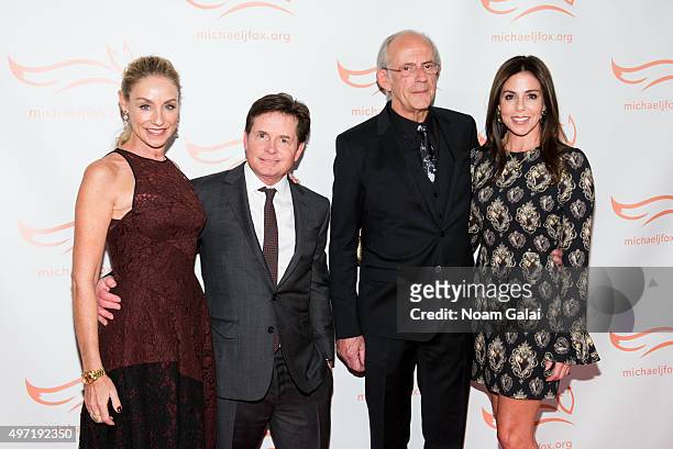 Tracy Pollan, Michael J. Fox, Christopher Lloyd and Lisa Loiacono attend the Michael J. Fox Foundation's "A Funny Thing Happened On The Way To Cure...