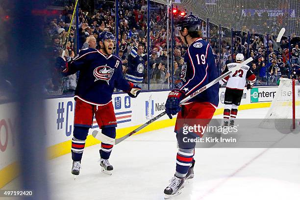 Boone Jenner of the Columbus Blue Jackets celebrates after scoring a redirected goal form Ryan Johansen of the Columbus Blue Jackets during the...