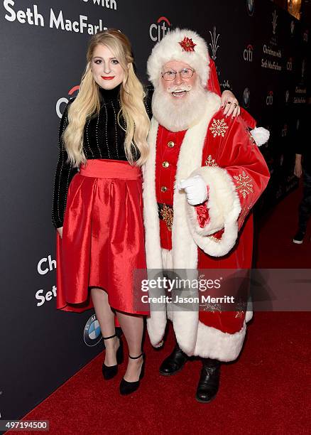 Singer/songwriter Meghan Trainor and Santa Claus attend The Grove Christmas with Seth MacFarlane at The Grove on November 14, 2015 in Los Angeles,...