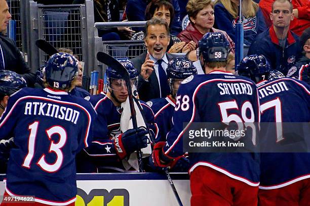 Head Coach John Tortorella of the Columbus Blue Jackets speaks to his players during a time out in the game against the Arizona Coyotes on November...