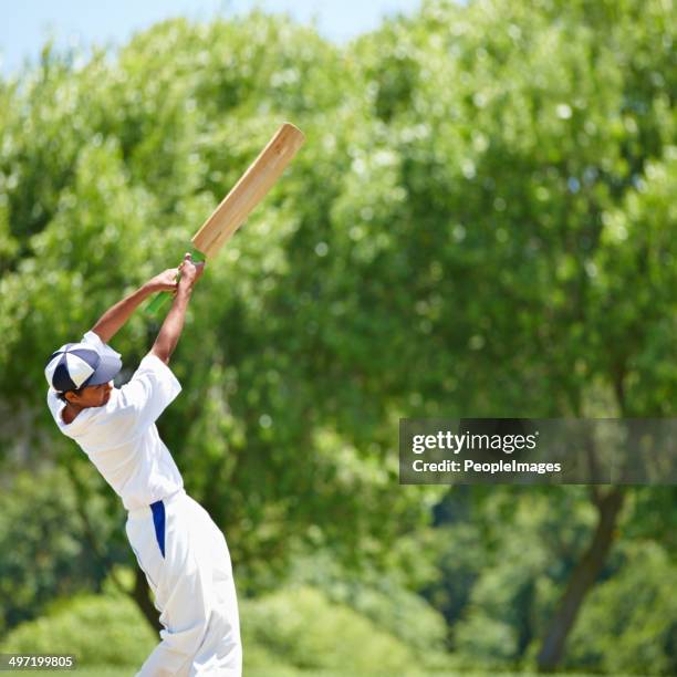 hitting the ball with all his strength for victory - cricket bat stock pictures, royalty-free photos & images