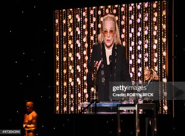 Gena Rowlands accepts her award during the 7th annual Governors Awards ceremony presented by the Board of Governors of the Academy of Motion Picture...