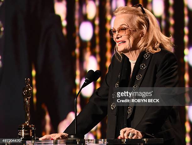 Gena Rowlands accepts her award during the 7th annual Governors Awards ceremony presented by the Board of Governors of the Academy of Motion Picture...