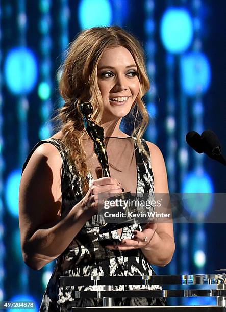 Actress Billie Lourd accepts the Jean Hersholt Humanitarian Award, on behalf of her grandmother Debbie Reynolds, during the Academy of Motion Picture...