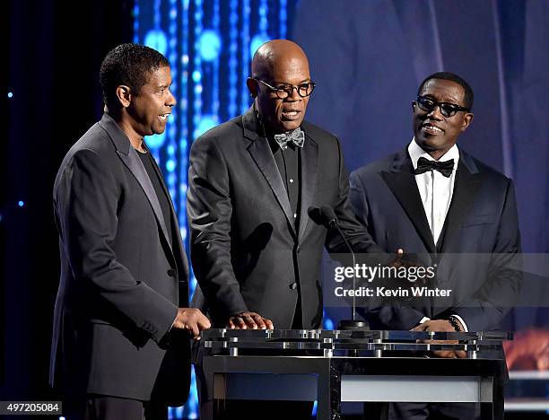 Actors Denzel Washington, Samuel L. Jackson and Wesley Snipes speak onstage during the Academy of Motion Picture Arts and Sciences' 7th annual...