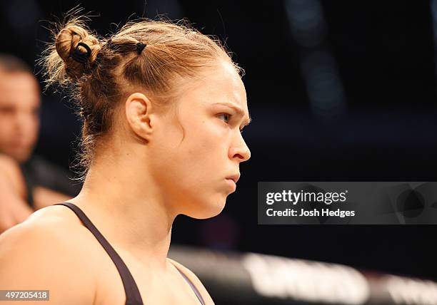 Ronda Rousey looks on before facing Holly Holm in their UFC women's bantamweight championship bout during the UFC 193 event at Etihad Stadium on...