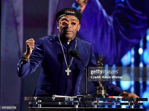 Filmmaker Spike Lee accepts an award onstage during the Academy of Motion Picture Arts and Sciences' 7th annual Governors Awards at The Ray Dolby...