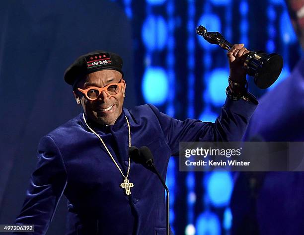 Filmmaker Spike Lee accepts an award onstage during the Academy of Motion Picture Arts and Sciences' 7th annual Governors Awards at The Ray Dolby...