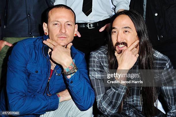 Chester Bennington and Steve Aoki arrive at Music for Relief presents Relief Live at L.A. River Studios on November 14, 2015 in Los Angeles,...