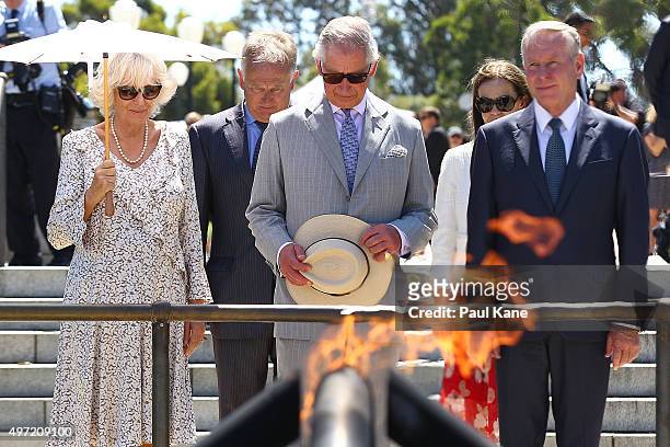 Prince Charles, Prince of Wales and Camilla, Duchess of Cornwall pay their respects with West Australian Premier Colin Barnett at the Flame of...