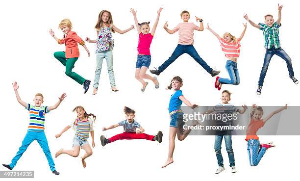 children jumping - child white background stock pictures, royalty-free photos & images