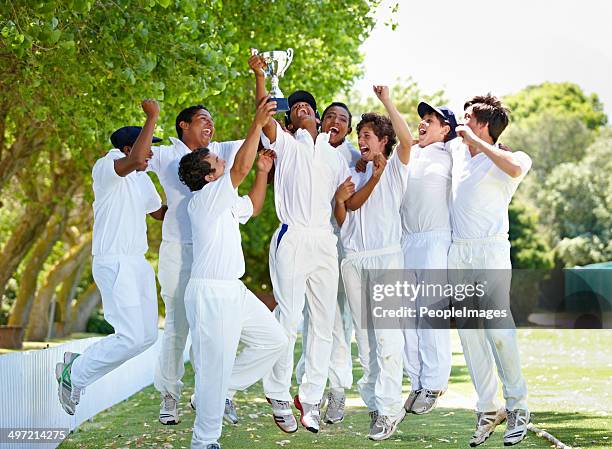 joy of the victorious team - kids cricket stock pictures, royalty-free photos & images