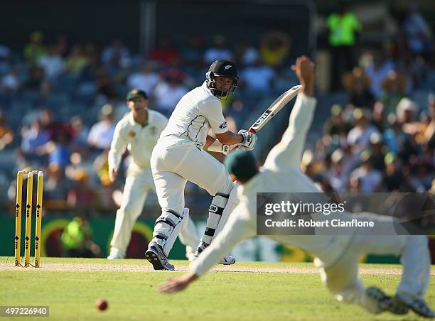 Ross Taylor of New Zealand gets his shot past David Warner of Australia during day three of the second Test match between Australia and New Zealand...