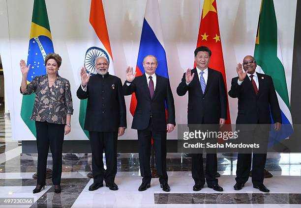 Brazil's President Dilmah Rousseff, Indian Prime Minister Narendra Modi, Russian President Vladimir Putin, Chinese President Xi Jinping, South...